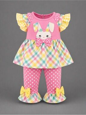 Rare Editions Pink Polka Collar Baby Dress with Bunny Motif 6m